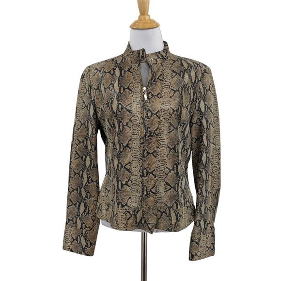 Rogue Jacket Womens L Large Snake Print Leather Satin Lined Full Zip Snap Collar - Picture 1 of 13